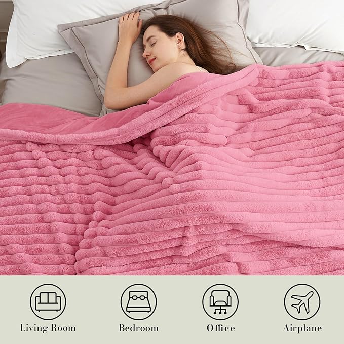 Am챕lie Home Faux Fur Throw Blanket for Couch, Cozy Fuzzy Fluffy Fur Luxurious Soft Striped Plush Gift Blankets for Family Sofa Chair Bedroom, 55"x70", Pink