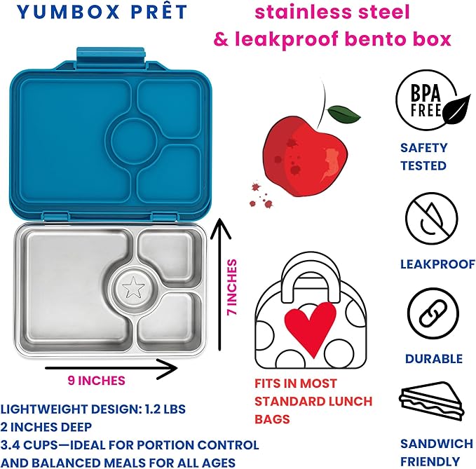 Yumbox Pr챗t Stainless Steel Bento Box ??Leakproof, Reusable Lunch Container for Kids & Adults ??Sandwich & Snack Friendly, BPA-Free, Durable Food Box (Normandy Blue)