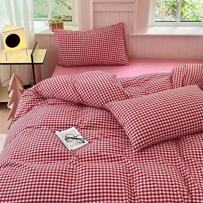 LifeTB Red Gingham Comforter Set Twin XL Modern Style Red Plaid Comforter Set 3 Pieces Soft Fluffy Grid Checkered Pattern Comforter with 2 Pillowcases Farmhouse Gingham Bedding Set Breathable