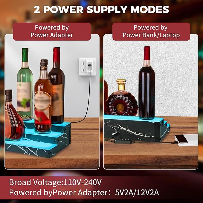 Lighted Liquor Bottle Display Shelf 2-Pack, RGB 3-Tier Bar Shelf with Music Sync, Black Marble-Look Finish on Wood, Remote & App Control, USB Powered for Home Bar & Party
