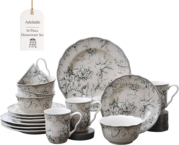 222 Fifth Adelaide 16-Piece Traditional Antique White Porcelain Dinnerware Set ??Service for 4, Romantic Bird & Floral Design, for Everyday Dining & Entertainment, Microwave & Dishwasher Safe