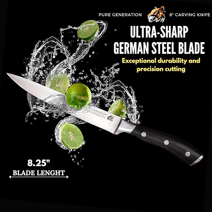 8" Carving Knife for Meat ??Butcher Knife, Razor Sharp German Steel Slicing Knife with Ergonomic Handle for Turkey, Ham, Fruits, and Meat Cutting