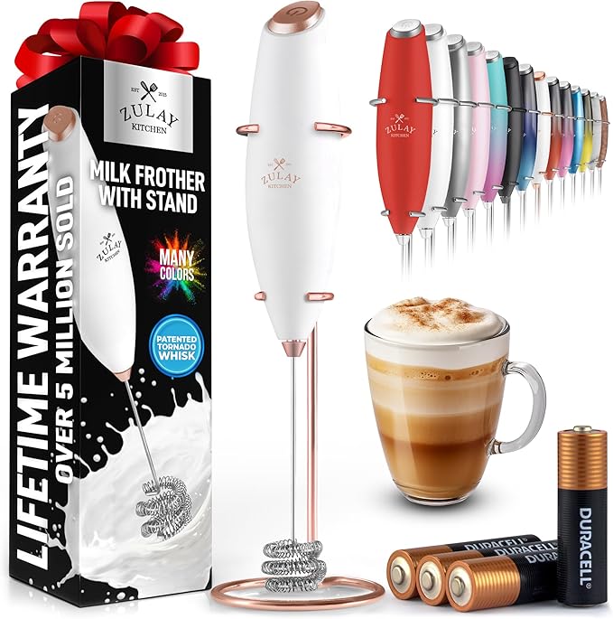 Zulay Kitchen Patented Tornado Triple Whisk Milk Frother with 4 Duracell Batteries ??Handheld Foam Maker for Coffee, Lattes, Matcha & Hot Chocolate ??Rich, Creamy Froth in Seconds