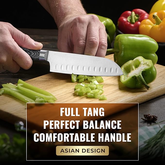 Santoku Knife ??Ultra Sharp 5 Inch Meat and Vegetable Japanese Knife for Chopping, High Carbon Stainless Steel Blade, Full Tang Pakkawood Handle ??Shinobi Series
