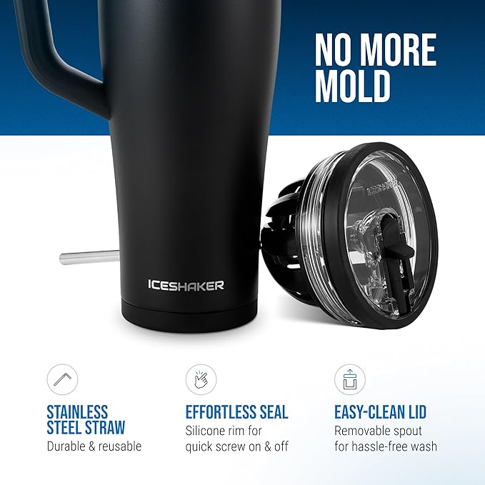 Ice Shaker 32 oz Tumbler with Handle and Straw | 32oz Black | Cold for 30+ Hours | 2-in-1 Tumbler Shaker Bottle | Odor-Free 32 ounce Bottle for Water, Protein Shakes, Smoothies, Cocktails
