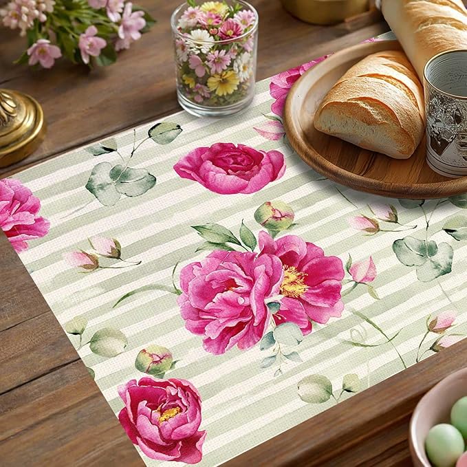Jauageon Red Peony Flowers Placemat Set of 4 Spring Floral Placemats Spring Summer Eucalyptus Table Mats for Indoor Outdoor Home Party Kitchen Dining Decor Farmhouse Burlap Table Mats 12x18 Inch