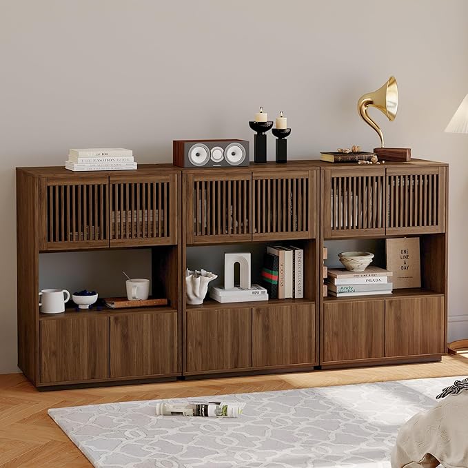 NessCarsti 33.46" Mid-Century Modern Wooden Storage Cabinet, Freestanding Buffet Sideboard with Grille Striped Doors, Open Shelf and Enclosed Compartments, Walnut for Dining Room, Kitchen, Living Room