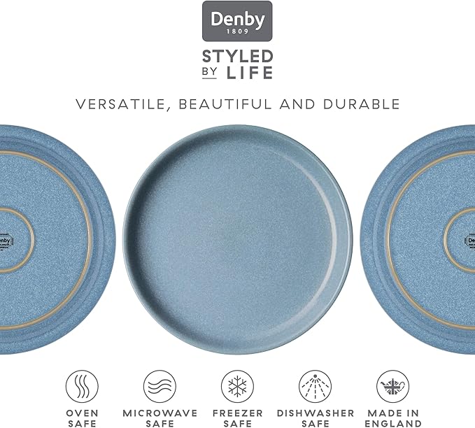 Denby - Elements Blue Coupe Salad Plates Set of 6 - Dishwasher Microwave Oven Safe - Scratch Chip Resistant Lunch, Appetizer, Dessert Plates - 8.25 Inch Ceramic Stoneware Dinnerware Set