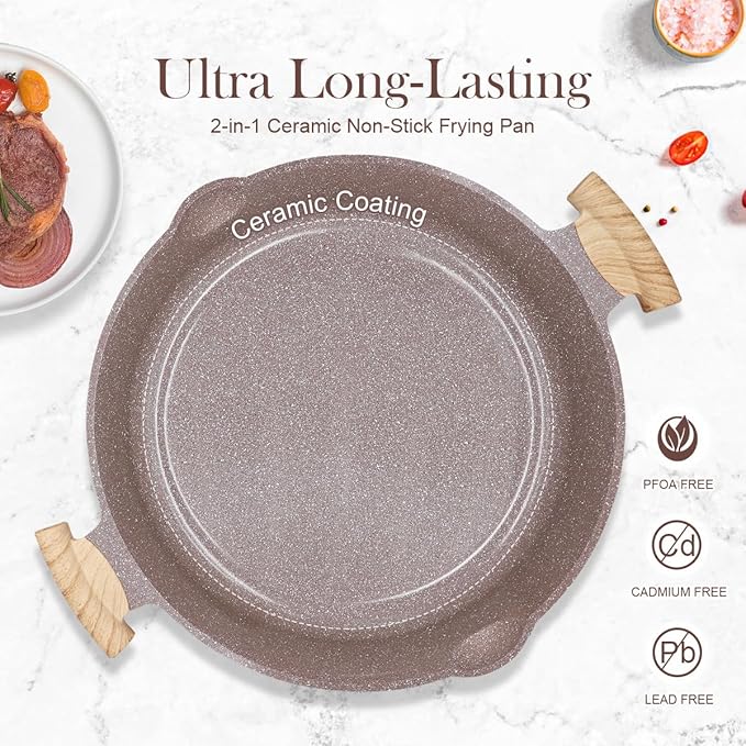 2-In-1 Ceramic Nonstick Deep Frying Pan Skillet, 12.5 Inch Saute Pan with Lid Non Toxic, PTFE & PFOA Free, Compatible with All Stovetops- Brown