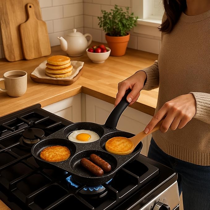 4-Hole Non-Stick Breakfast Frying Pan with Handle ??Aluminum Skillet for Eggs, Pancakes, Omelets & Burgers ??Compatible with Gas & Induction Stoves