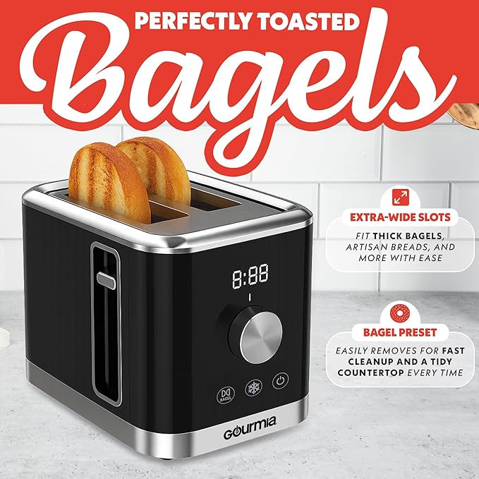 Gourmia 2 Slice Toaster ??6 Browning Levels with Bagel and Defrost Mode, One-Touch Toasting, Removable Crumb Tray, Extra Wide Slots, Compact Design, Black