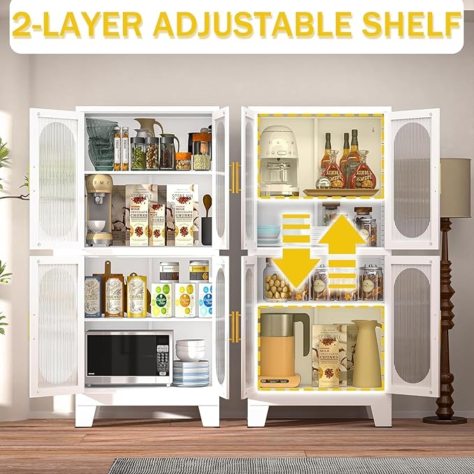 61" Pantry Storage Cabinet, Pantry Cabinets with Acrylic Glass Doors and Adjustable Shelves, Metal Kitchen Pantry Cabinet for Kitchen, Living Room, Laundry Room and Dinning Room