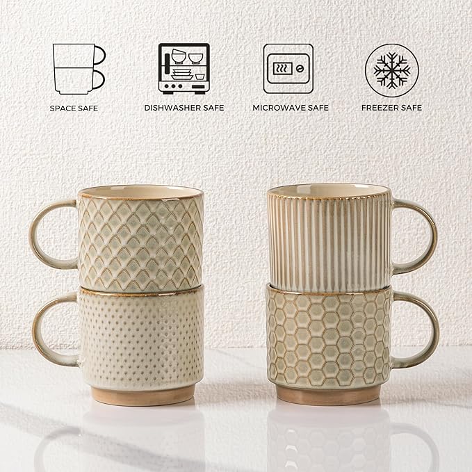 GBhome 12OZ Stackable Coffee Mugs Set of 6, Ceramic Coffee Mugs with Texture Patterns for Man,Woman,Dad,Mom, Modern Coffee Mugs Cups for Latte/Cappuccino/Cocoa. Dishwasher&Microwave Safe, Pale Khaki