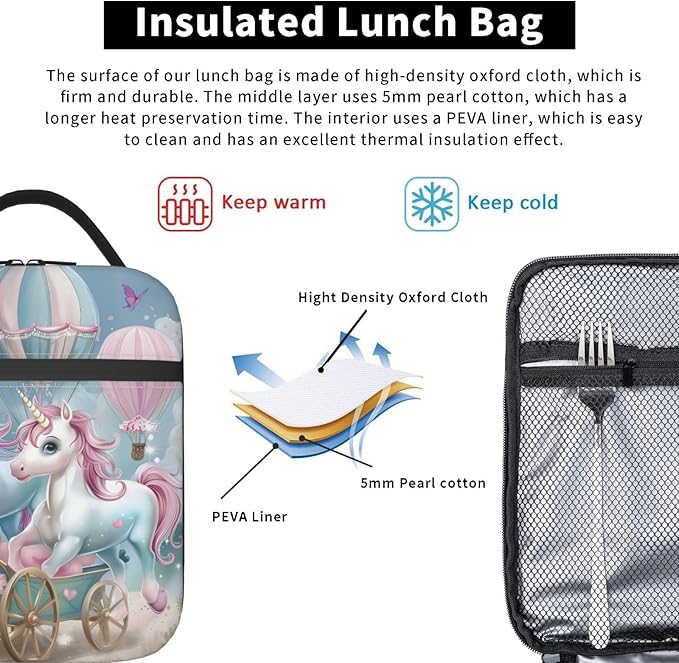 VANZEV Fantasy Unicorn Carriage Insulated Lunch Box Gifts for Kids Adults Hot Air Balloon and Butterfly Design Reusable Portable Lunchbox Cooler Lunchbag for Work Picnic School Travel or Hiking