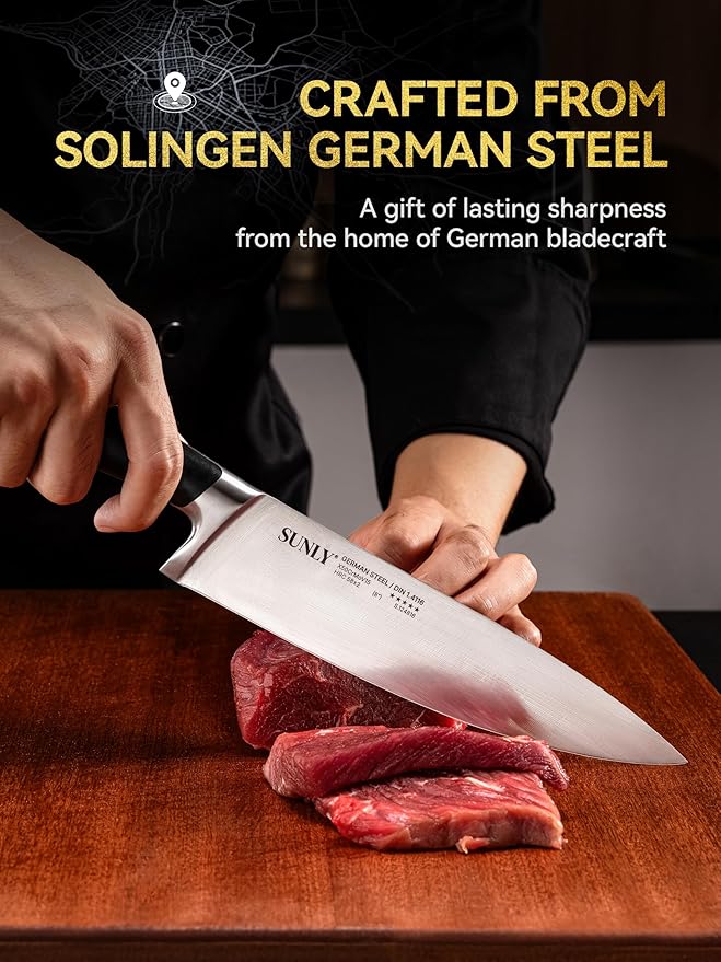 SUNLY 8 Inch Chef Knife ??Professional Kitchen Knife, German 1.4116 Stainless Steel, 58짹2 HRC Hardness, Full-Tang, Anti-Slip Handle, Sharp kitchen knives, Gift-Ready Magnetic Box