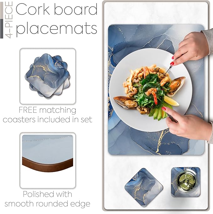 Moderry Set of 4 Heat Resistant Cork Placemats for Dining Table with Free Set of 4 Matching Drink Coasters Marble Design 16 x 12 Inches Cork Backed Hard Placemats (Blue & Gold)