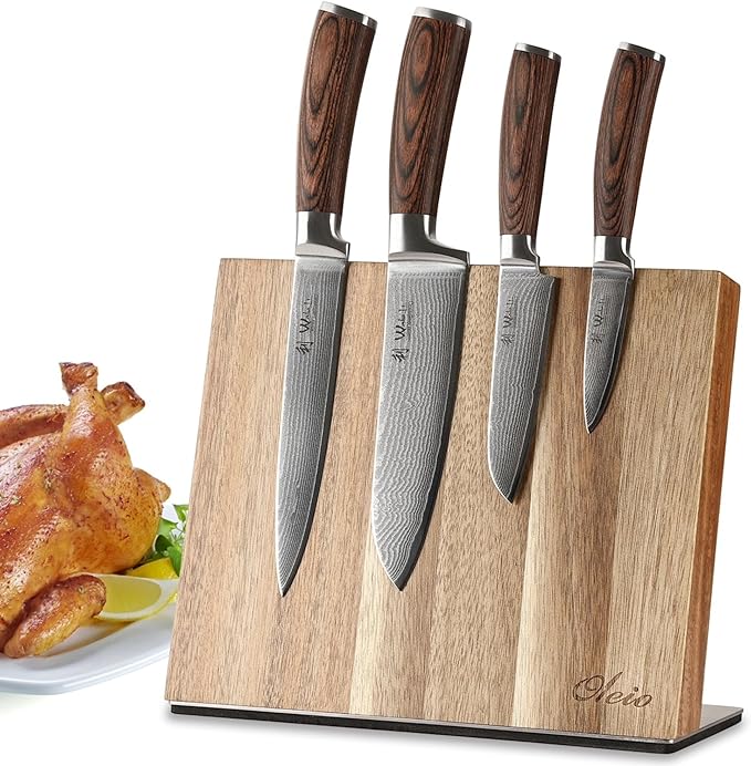 Wakoli EDIB 4-Piece Damascus Knife Block Set ??Professional Kitchen Knives with Magnetic Acacia Block, 67-Layer Damascus Steel Blades and Ergonomic Pakkawood Handles ??Premium Knife Set with Block