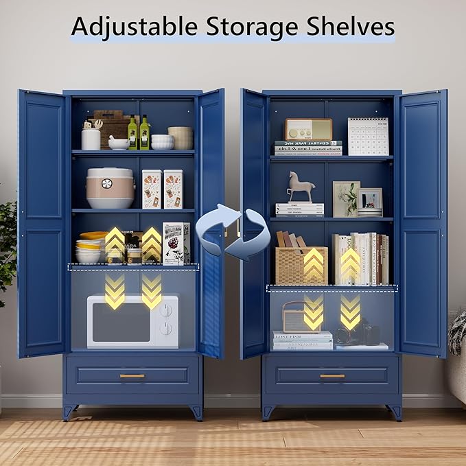 75??Kitchen Pantry Storage Cabinet,Metal Tall Storage Cabinet with Drawers and Adjustable Shelves,Modern Kitchen Hutch Cabinet,Freestanding Cupboard for Living Room,Blue