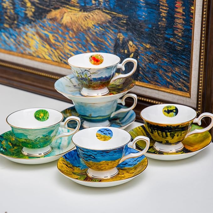 Van Gogh Bone China Set of 4 Cups and Saucers, Coffee Cup and Saucer Set With Gift Box, 7.4-Ounce Art Coffee Mugs Set - Perfect Birthday/Holiday/Wedding Gift