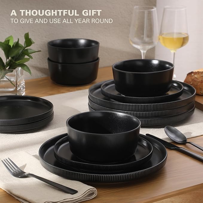 Gibson Home Dempsey Road 12-Piece Stoneware Dinnerware Set ??Service for 4, Round Black Plates and Bowls, Durable Solid Color Modern Embossed Dish Set, Microwave & Dishwasher Safe