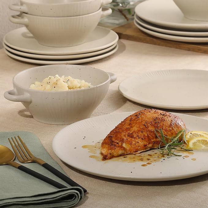 Gibson Elite Clover Hill 12-Piece Stoneware Dinnerware Set ??White Cream Embossed Plates and Bowls with Matte Speckled Reactive Glaze, Service for 4 ??Microwave & Dishwasher Safe