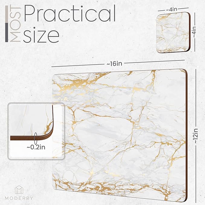 Moderry Set of 4 Heat Resistant Cork Placemats for Dining Table with Free Set of 4 Matching Drink Coasters Marble Design 16 x 12 Inches Cork Backed Hard Placemats (Foiled Gold)