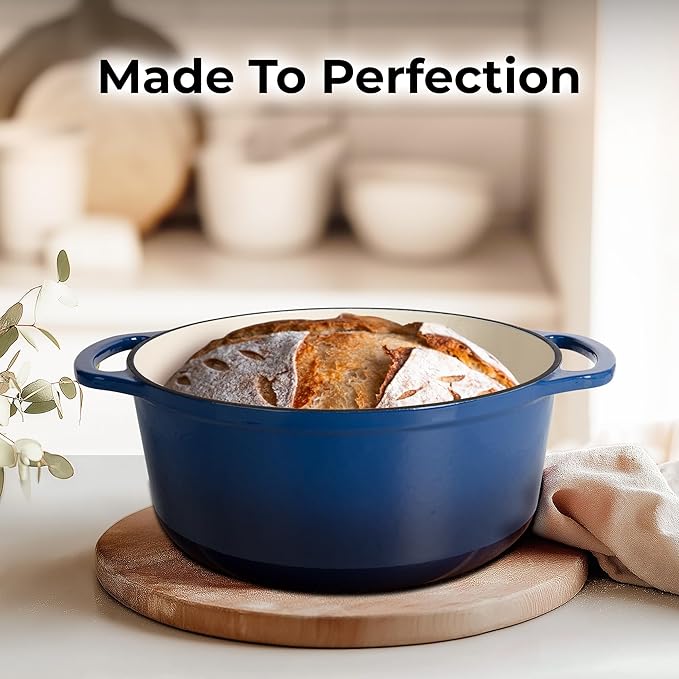 Zulay Kitchen 7.7 Quart Enameled Cast Iron Dutch Oven Pot with Lid ??Premium Durability & Oven Safe up to 500째F ??Heavy Duty Cookware Perfect for Bread Baking, Stews, Braising & Roasting ??Blue