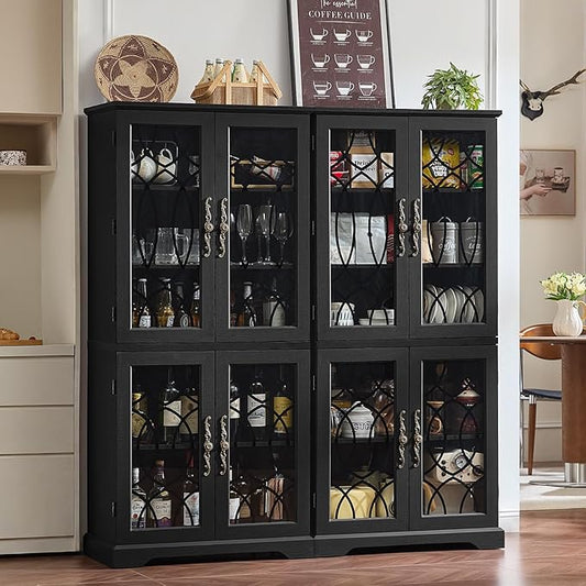 67" Tall Pantry Cabinet Set of 2, Vintage Kitchen Pantries Cabinets with Glass Doors & Adjustable Shelves, Wood Cupboard with Large Storage for Dingning Room, Bathroom, Black