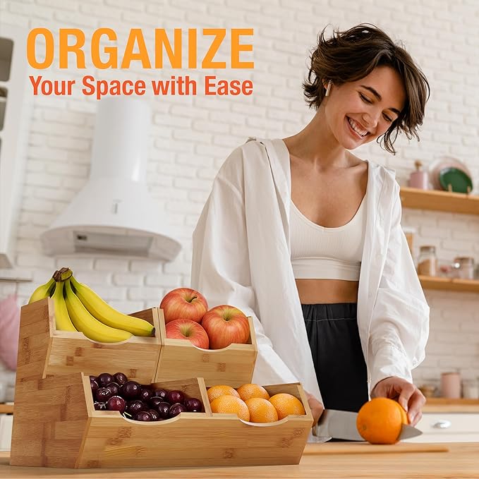 HOMESTEAD Bamboo Pantry Storage Bins ??Potato & Onion Storage Bin for Pantry Organizers, Produce Organizer Set of 3 ??Slide out Bin Access