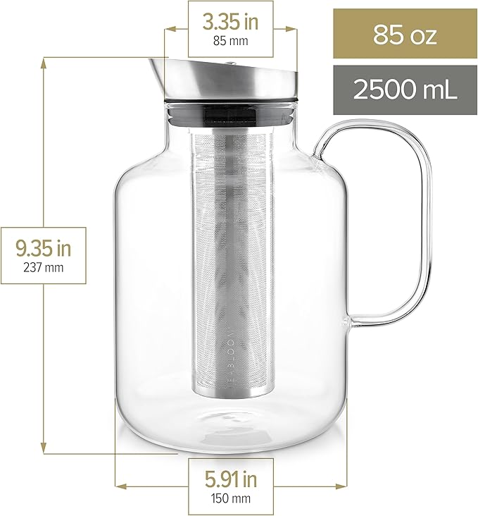 Teabloom 100% Plastic-Free Extra-Large Multi-Brew Borosilicate Glass Teapot + Kettle + Pitcher ??Steep and Serve Hot Tea, Iced Tea, Cold Brew Tea and Fruit Infused Water ??Legacy Tea Maker