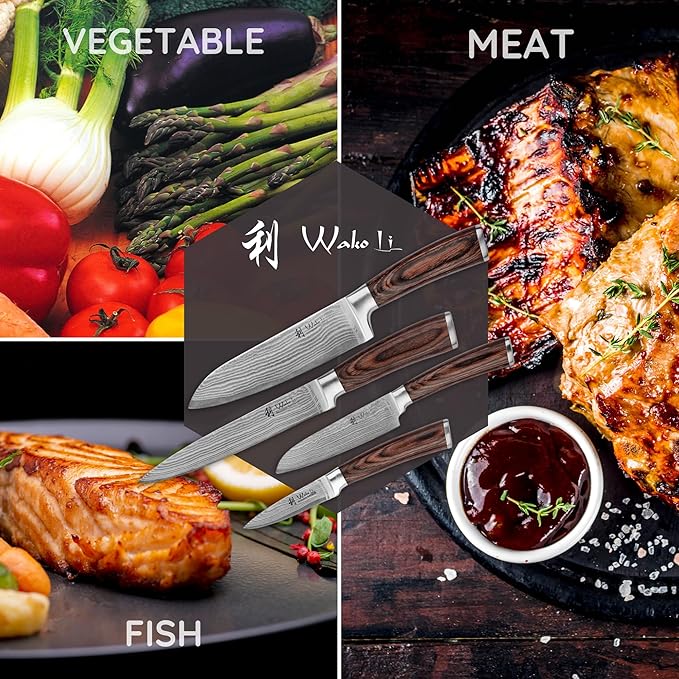 Wakoli EDIB 4-Piece Damascus Knife Block Set ??Professional Kitchen Knives with Magnetic Acacia Block, 67-Layer Damascus Steel Blades and Ergonomic Pakkawood Handles ??Premium Knife Set with Block
