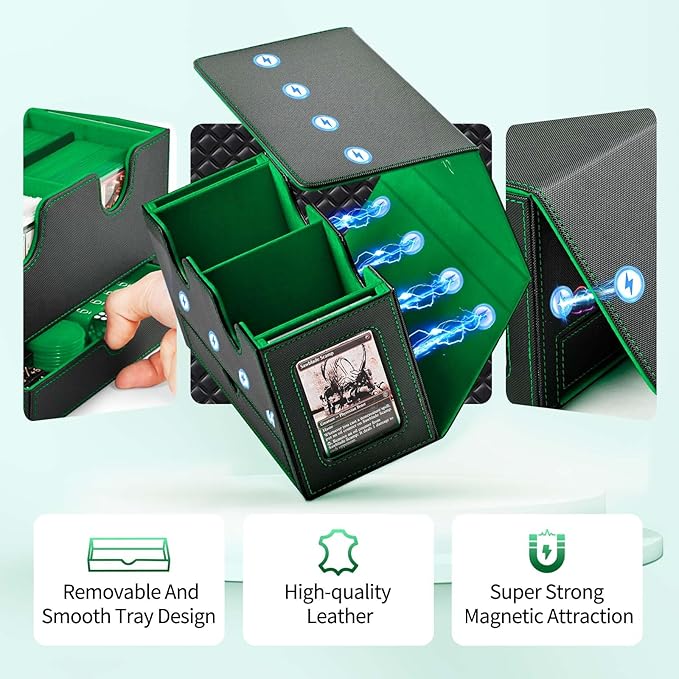 Card Deck Box for MTG, Double Card Storage Box with 2 Commander Display & 1 Dice Tray, Fits 200+ Double Sleeved Cards, Organizer for CCG TCG Sports Cards (Black Green)