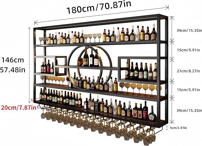 71" Metal Wine Rack Wall Mounted, Multi Functional Bar Shelves for Liquor Bottles with Glass Holder, Modern Wood Bar Shelves Wall Mounted for Home Bar & Dining Room, Black(57" Height)