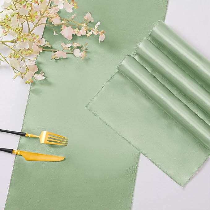 Horbaunal 6 Pack Satin Runners 12 x 108 Inch Bright Silky Smooth Satin Table Runners for Birthday Wedding Party Banquets, Sage Green