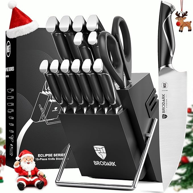 BRODARK Kitchen Knife Set with Block and Sharpener, 15 Pcs Sharp Knives Set for Kitchen, Christmas, Stainless Steel Full Tang Knife Block Set, Ergonomic Handle Professional Chef Kitchen Knives Sets