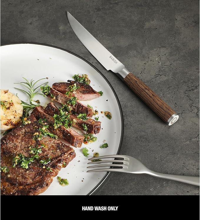 Babish 4-Piece 1.4116 German Stainless Steel Steak Knife Set with Dark Pakka Wood Handles ??Full-Tang Steak Knives for Dining, Entertaining & Everyday Table Use