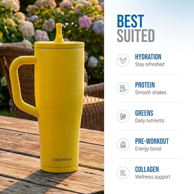 Ice Shaker 40 oz Tumbler with Handle and Straw | 40oz Yellow | Cold for 30+ Hours | 2-in-1 Tumbler Shaker Bottle | Odor-Free 40 ounce Bottle for Water, Protein Shakes, Smoothies, Cocktails