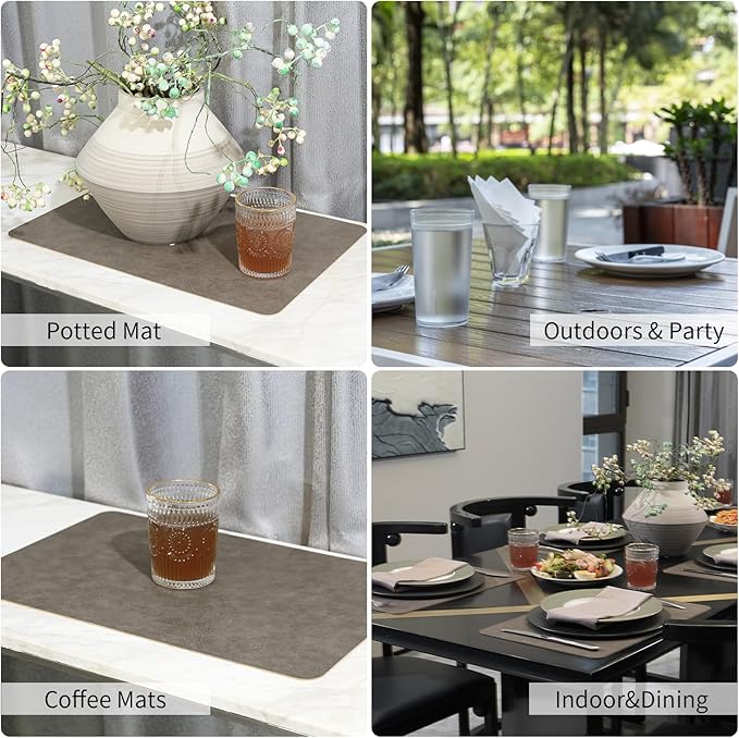 EDanle Cowhide Pattern Faux Leather Placemats Set of 6,Heat Resistant Non-Slip Waterproof Wipeable Washable Kitchen Dining PU Table Place Mats,Double-Sides Available,Grey Yellow