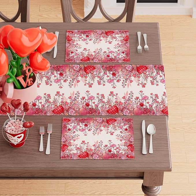 XCHI Wild Flowers Love Hearts Valentine?셲 Day Placemats Set of 4 Table Mats for Party Home Kitchen Dining Table Decorations 12x18 Inch