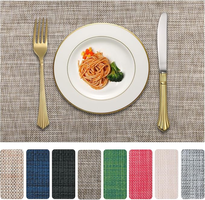 LANDVIEW Vinyl Placemats Set of 4, PVC Woven Washable Non-Slip Table Mats, Heat Resistant Wrinkle Free Place Mats for Dining Table, Easy to Clean (4, Cappuccino)