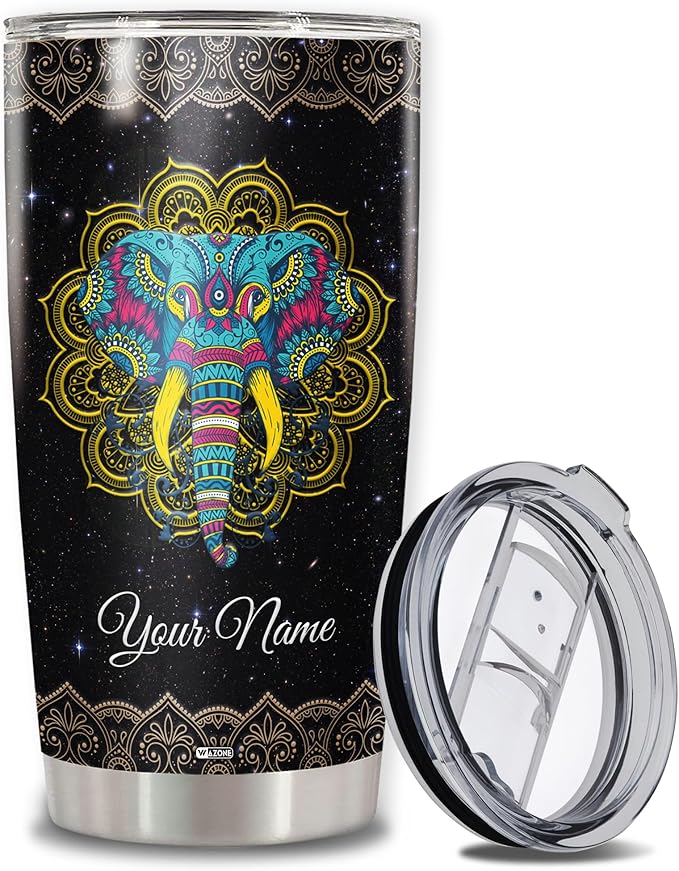 WAZONE Personalized Elephant Tumbler Cup 20 30oz Customized Mandala Elephants Stainless Steel Insulated Travel Mug Custom Name Birthday Christmas Gifts Men Women Double Wall Vacuum