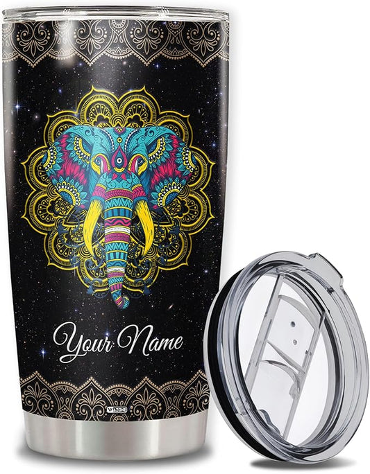 WAZONE Personalized Elephant Tumbler Cup 20 30oz Customized Mandala Elephants Stainless Steel Insulated Travel Mug Custom Name Birthday Christmas Gifts Men Women Double Wall Vacuum