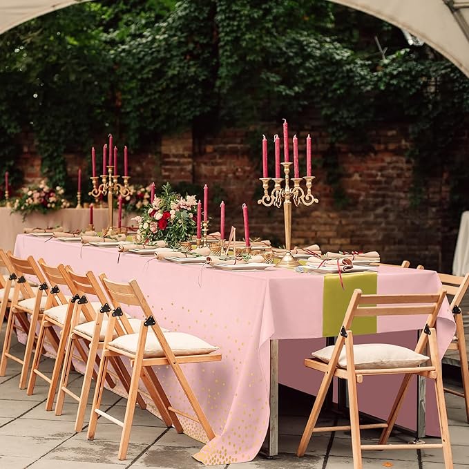 16Pack Disposable Plastic Tablecloths and Satin Table Runner Set Pink and Gold Dot Tablecloth Gold Satin Table Runner for Wedding Birthday Baby Shower Anniversary Christmas New Year Party Supplies