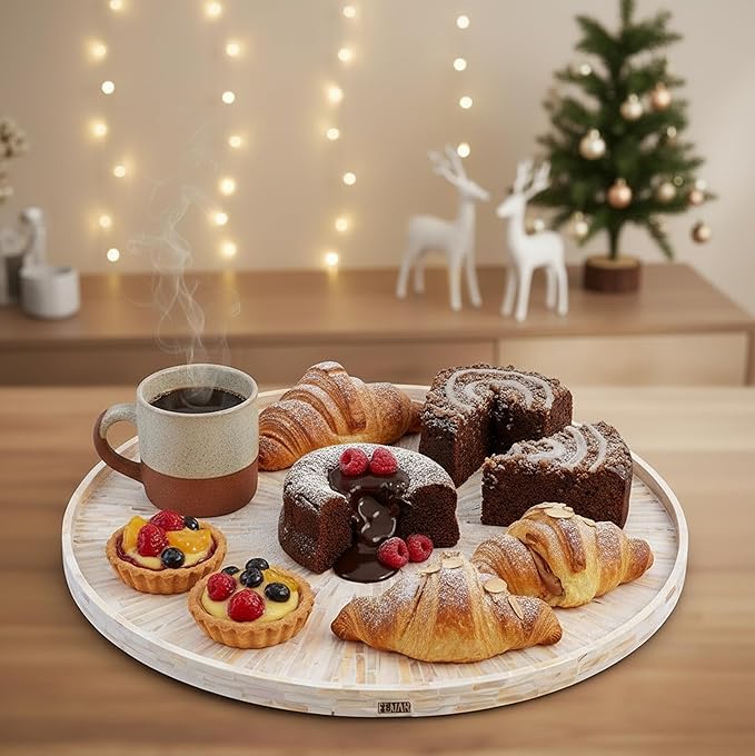 PEMAR 22" Round Mother of Pearl Extra Large Ottoman Tray with Raised Edge, Oversized Decorative Luxury Wooden Serving Tray for Food, Coffee Table, Breakfast in Bed (White Cream Sunlight)