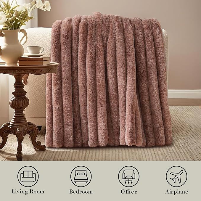 Am챕lie Home Faux Fur Throw Blanket for Couch, Ultra Cozy Fuzzy Fluffy Fur Luxurious Soft Striped Plush Gift Blankets for Family Sofa Chair Bedroom, 60"x80", Cationic Fox Brown