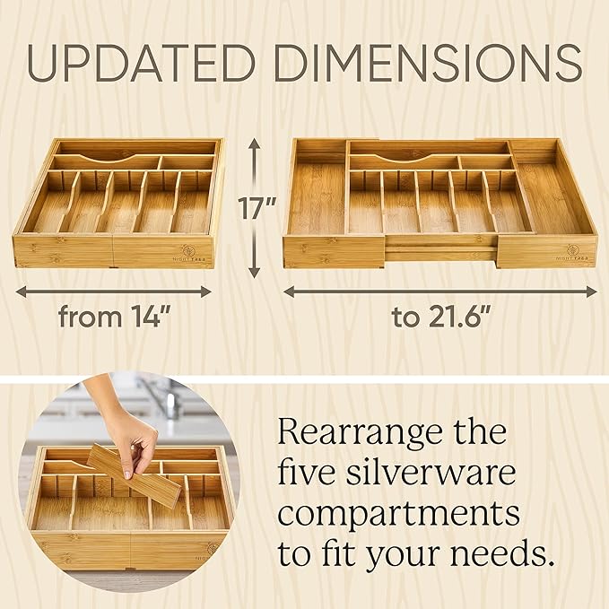 Night Tree 2.5??Extra Deep Silverware Drawer Organizer with Adjustable Dividers ??Expandable Bamboo Flatware Tray for Kitchen, Reinforced Wood Cutlery Holder (14"-21.6" Wide)