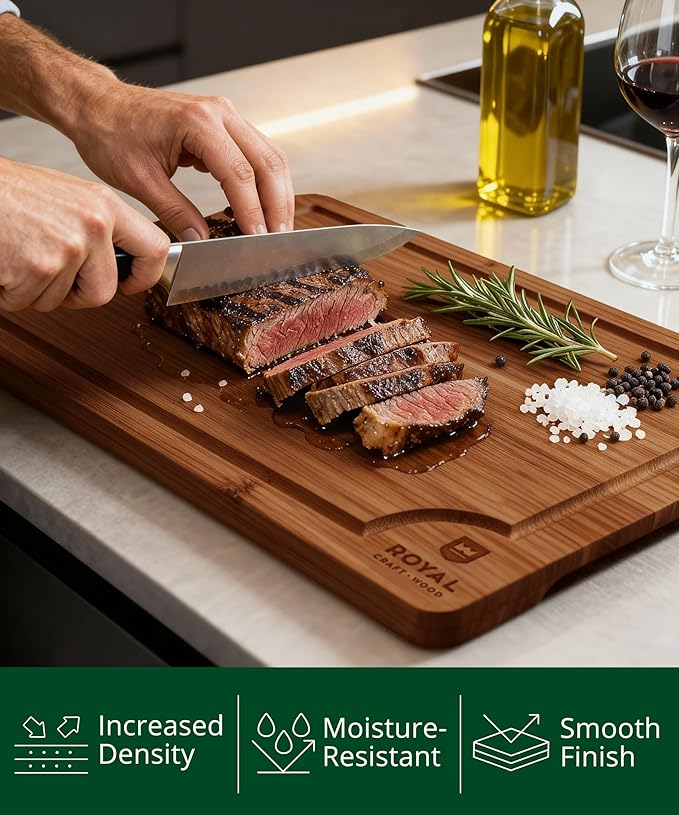 ROYAL CRAFT WOOD Bamboo Cutting Board Set ??3 Durable Wooden Cutting Boards for Kitchen Meal Prep, Charcuterie & Serving ??Chopping & Butcher Block with Juice Grooves ??Gift-Ready Packaging & Wood Wax