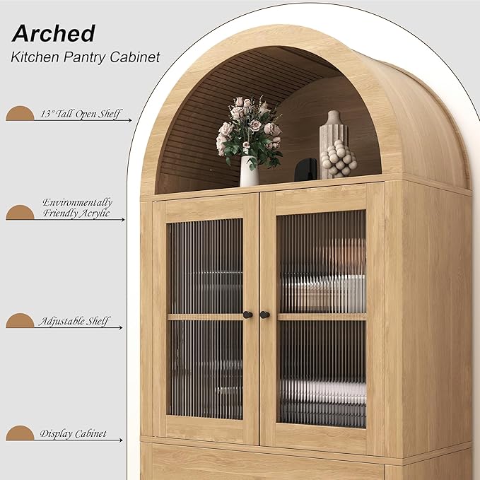 Hadulcet 71" Tall Arched Kitchen Pantry Cabinet, Farmhouse Kitchen Storage Cabinet with Drawers & 4 Doors, Adjustable Shelves, Acrylic Fluted Panel, Wood Cupboard Buffet Organizer, Light Wood