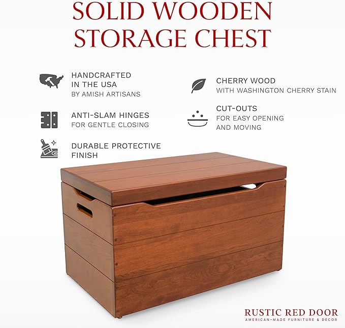 Hope Woodworking Amish Made Wooden Storage Chest Trunk Box with Lid and Handles for Bedroolanket, Clothes, Anti-Slam Hinges, Handmade, Rustic, Cherry Wood, Cherry Stain, 42"