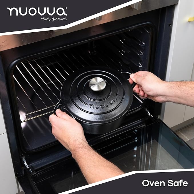 Cast Iron Pot with Lid ??Non-Stick Ovenproof Enamelled Casserole Pot, Oven Safe up to 500째 F ??Sturdy Dutch Oven Cookware ??Black, 5-Quart, 24cm ??by Nuovva